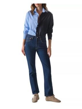 CISSA Women Blue/Navy Color Blocked Cotton Poplin Button Down Shirt Size XS/S